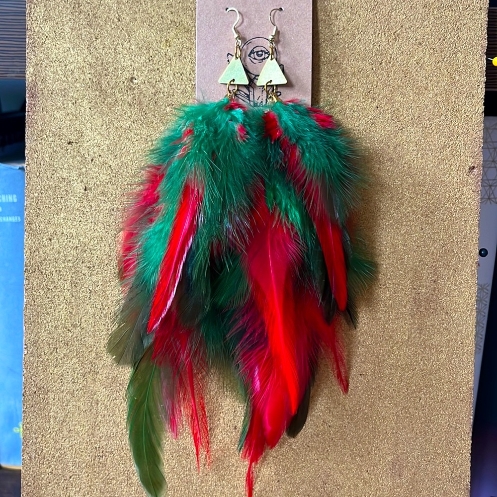 Long green feather earrings in red and green, gold triangle pendants